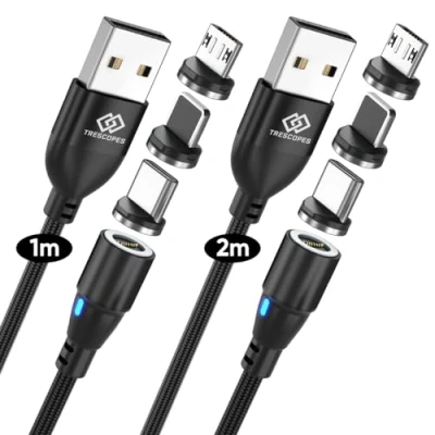 Image of Trescopes 9 Pin Magnetic Fast Charging Cable, [2 Pack], 360 Fixed Heads. Data Transfer. Micro USB, Type C, compatible with all Smartphones. USB C Charger