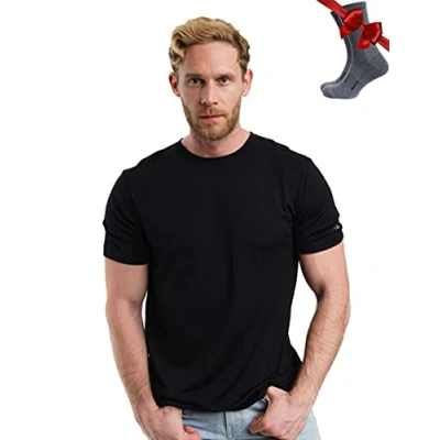 Image of Merino.tech Merino Wool T Shirt Mens 100% Organic Undershirt Lightweight Base Layer + Hiking Socks (XX Large, Black Ink)
