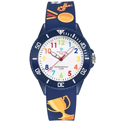 Image of Alienwork Football Boys Children&#039;s Teacher Watch Girls Navy Blue Silicone Strap Multi Coloured Kid Waterproof 5 ATM Learning Time
