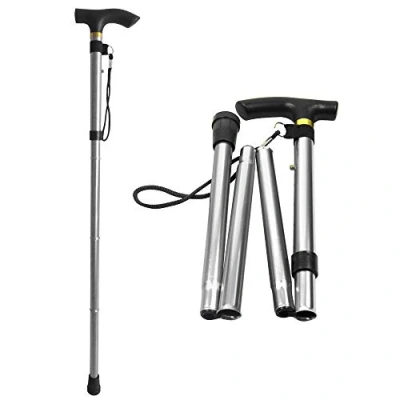 Image of Silver Aluminum Walking Stick Metal Cane Adjustable Folding Collapsible Travel Hiking