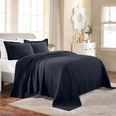 Image of Superior Cotton Fleur De Lis Bedspread Set, Warm Blankets, All Season Bedding, Bedroom Decor, Decorative Boho Medallion Coverlet, Includes 1 Bedspread, 2 Pillow Shams, King, Navy Blue