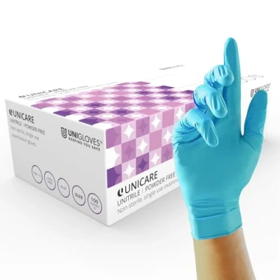 Image of Unigloves Unitrile GS0053 Medical Grade Examination Gloves Powder and Latex Free Disposable Gloves, Box of 100 Blue, Medium