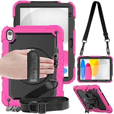 Image of TECHGEAR UTILITY Case fits Apple iPad 10 2022 [10th Generation] 10.9&quot; Tough Rugged HEAVY DUTY Armour Shockproof 360 Degree Rotating Stand, Hand and Shoulder Strap Pink