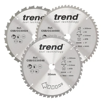 Image of Trend Wood Mitre Saw Blade, 305mm Diameter, 30mm Bore, 24/48/60 Teeth, 3.0mm Kerf, 5 Hook, TCT, Coarse/Medium/Fine Finish, 3 Pack, CSB/CC305/3/A