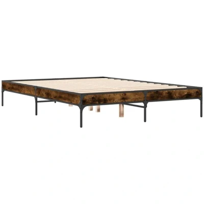Image of vidaXL Double Bed Frame 135x190 cm Smoked Oak Finish with Metal Legs and Plywood Slats, Engineered Wood, Bedroom Furniture