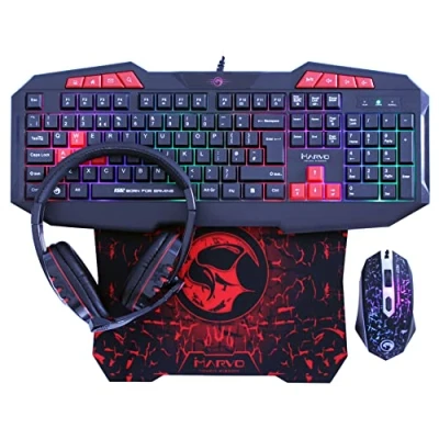 Image of Marvo CM375 4 in 1 Gaming Peripheral Set 7 Colour Backlit Keyboard, 3200dpi Optical RGB Mouse, S Size 287mm x 244mm Mouse Pad, Stereo Headset