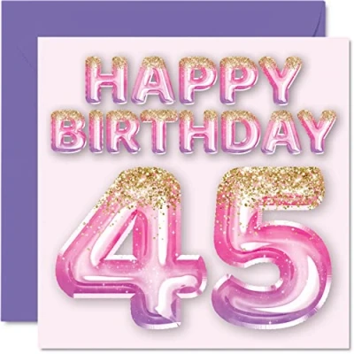 Image of 45th Birthday Card for Women Pink &amp; Purple Glitter Balloons Happy Cards 45 Year Old Woman Mum Cousin Friend Sister Auntie, 145mm x Forty Five Fifth Greeting Gift