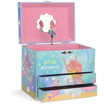 Image of Jewelkeeper Kids Musical Jewelry Box for Girls with Spinning Mermaid Dual Pullout Drawers Somewhere Beautiful Dreamer Tune Thoughtful Gift Blue and Pink 14.9D x 17.1W 11.4H cm