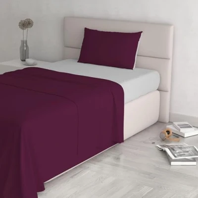 Image of Italian Bed Linen Natural Colour Sheet Set, Cotton, Plum/Light Grey, Single