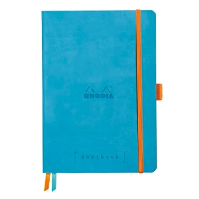 Image of RHODIA 117767C Soft Notebook Bullet Journal Goalbook Turquoise A5 Small Squares 240 pages 90g Ivory Clairefontaine Paper 2 Ribbons, Elastic Closure Faux Leather Cover