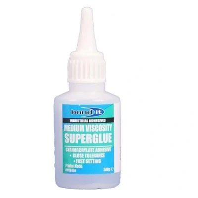 Image of Bond It 50g Bottle Medium Viscosity Cyanoacrylate RGC Super Glue Adhesive A Premium Extra Strong bonds most rubbers plastics including edge trims, architrave. Used in Mitre kits