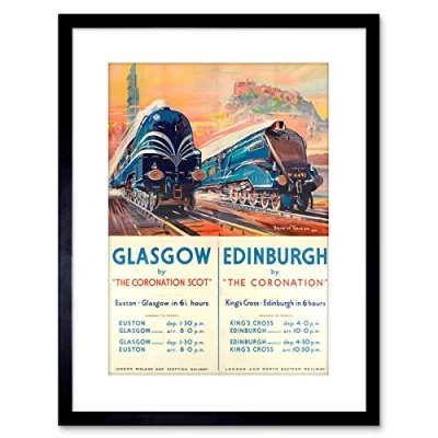 Image of Wee Blue Coo TRAVEL RAIL TRAIN GLASGOW EDINBURGH SCOTLAND CASTLE FRAMED PRINT F97X6882