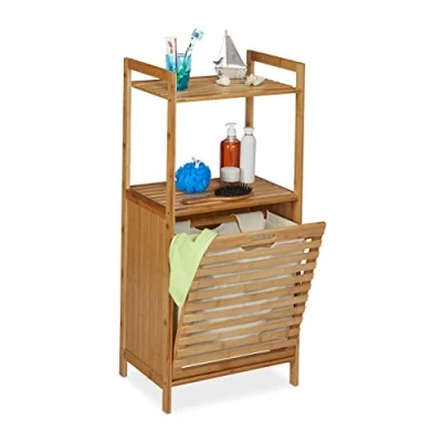 Image of Relaxdays Shelving Unit with Laundry Basket, Folding Washing Hamper, Bathroom, HWD 100 x 45.5 33.5 cm, Bamboo, Natural