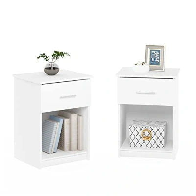 Image of Furinno Tidur Nightstand with Handle One Drawer, Set of 2, Solid White