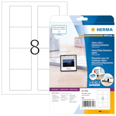 Image of HERMA Self Adhesive 3.5&quot; Diskette Labels, 8 Labels per A4 Sheet, 25 Sheets, 70 x 67.7 mm, 200 Blank 3.5 inch Floppy Disk Stickers, Sticky for Laser &amp; Inkjet Printer, White