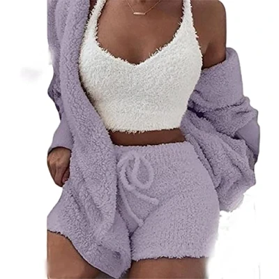 Image of DIVAND Women&#039;s Winter Plush Home Wear Casual 3 Piece Pajamas Long Sleeved Fluffy Hooded Jacket with Open Front Coat &amp; Shorts Vest Suit Fashion Keep Warm Clothes,Purple,S