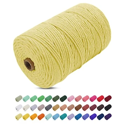 Image of Uiopa Macrame Cord 3mm x 200m, Thick Rope Yarn Soft Natural Cotton Cord, Coloured 4 Ply String for DIY Craft, Plant Hangers, Wall Hanging, Christmas Decorations (Light Yellow)
