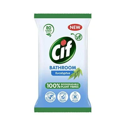 Image of Cif, Bathroom Eucalyptus, 100% Biodegradable Plant Fibres Cleaning Wipes Limescale Remover, 80 Wipes, 1 Pack