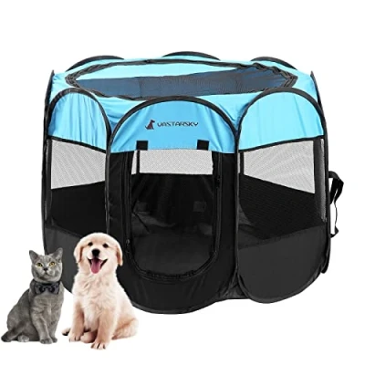 Image of Foldable Portable Pet Playpen, Soft Pop up Playpens for Puppy Dog Kitten Cat, Lightweight Fabric Playpen with Breathable Mesh, Cage Indoor and Outdoor Use (36 x 36 23 in, Blue, No Bag)