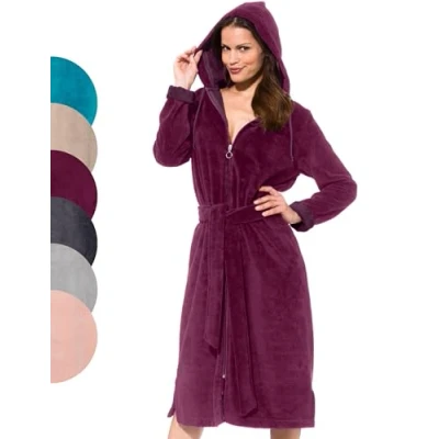 Image of Morgenstern Women&#039;s Bathrobe with Zip Hood Terry Towelling Velour, bordeaux, M