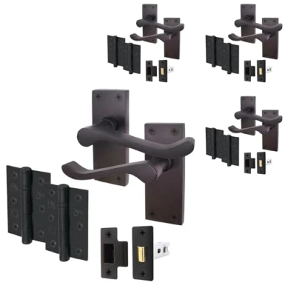 Image of EAI Black Victorian Scroll Door Handle Latch Set 4 Pairs of Matt Internal Lever Handles on Backplate with Hinges (76mm) &amp; (64mm)