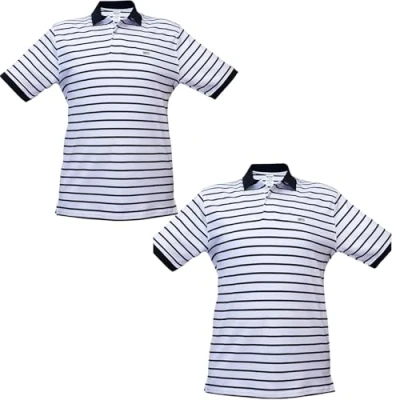 Image of NIYS Pack of 2 Premium Quality 220 GSM Soft Fabric Polo Shirts White and Black Stripe (UK, Age, 9 Years, 10 Regular, IL Premium)