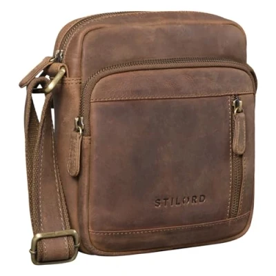 Image of STILORD &#039;Trae&#039; Small Leather Messenger Bag Mens Vintage Cross Body Handbag Casual Shoulder for Tablets Ideal Work Uni in Genuine Leather, Colour:Middle Brown