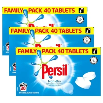 Image of Persil Laundry Tablets Family Pack Gentle next to Skin Touch on Stains New Concentrated Formula for Effortless Laundry, Non Bio 40 tablets, 20 Wash 1.2KG of 3