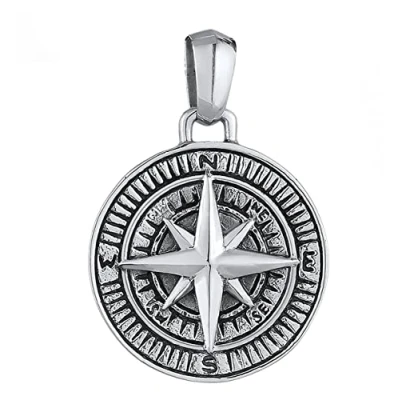 Image of Kuzzoi Silver Compass Pendant (30 mm) for Chains, Solid 925 Sterling Necklaces, Accessory Wind Rose and Exclusive (Black, Oxidised Silver) Men