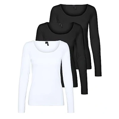 Image of VERO MODA Women&#039;s Vmmaxi My Ls Soft Uneck Ga Noos Long Sleeve Shirts, 2 x Black, 1 Bright White, L
