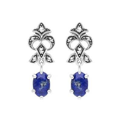 Image of Esse Marcasite Sterling Silver Art Nouveau Lapis Lazuli &amp; Drop Earrings