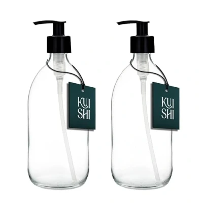 Image of Kuishi Clear Glass Pump Bottle Dispenser, Refillable Soap Dispenser with Black Plastic for Reducing Waste (BPA Free) (1000ml x2)