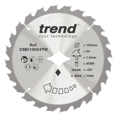 Image of Trend Wood Cordless ATBR Circular Saw Blade, 190mm Diameter, Diamond Bore, 24 Teeth, TCT, 1.6mm Kerf, +24 Hook, CSB/19024TW
