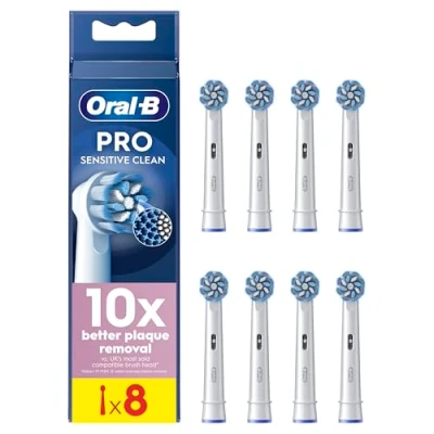 Image of Oral B Pro Sensitive Clean Electric Toothbrush Head, X Shaped &amp; Extra Soft Bristles for Gentle Brushing Plaque Removal, Pack of 8 Heads, White (Packing May Vary)