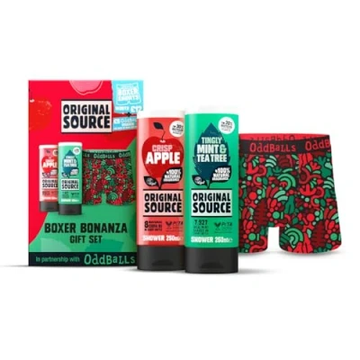 Image of Original Source x Oddballs Boxer Bonanza Gift Set with Crisp Apple and Mint &amp; Tea Tree Shower Gel Boxers, Gifts for Men, Birthday Gift, 100 Percent Natural Fragrance, Vegan, Cruelty Free