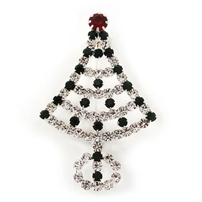 Image of Avalaya Green/Red/White Crystal &#039;Christmas Tree&#039; Brooch in Silver Plating 6cm Length