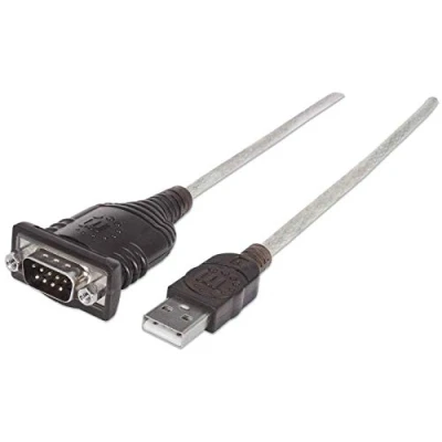 Image of Manhattan USB A to Serial Converter cable, 45cm, Male Male, Serial/RS232/COM/DB9, Prolific PL 2303HXD Chip, Black/Silver Polybag