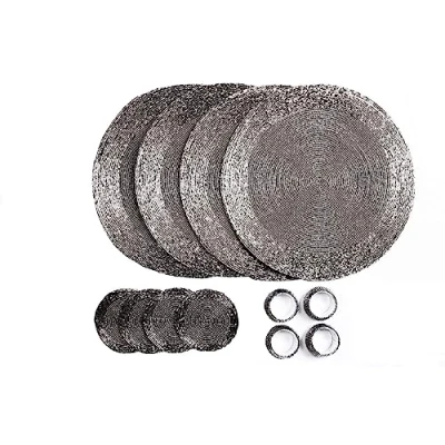 Image of Penguin Home Handcrafted Glass Beaded Round Placemats, Coasters &amp; Napkin Rings Set of 12 Handmade Table Place Mats for Dining 32 cm (13&quot;) Diameter (Antique Silver)