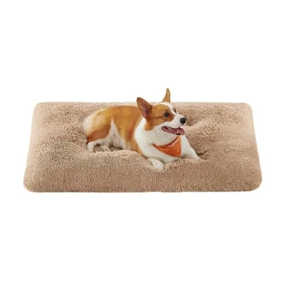 Image of Feandrea Large Dog Bed, Fluffy Anti Anxiety Crate Mattress, Calming Pet Beds, Washable Pillow Cushion, Plush Mat with Slip Bottom, 110 x 73 cm, Camel Brown PGW203K01