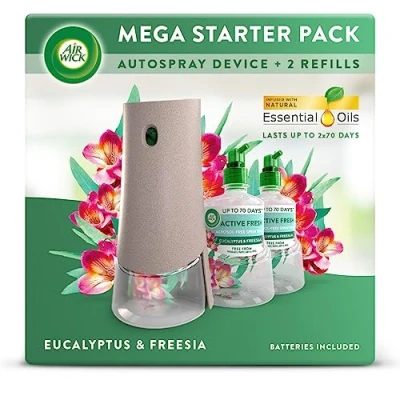 Image of Air Wick Aerosol Free Automatic freshener Spray Bundle Kit, Eucalyptus &amp; Freesia, 1 gadget 2 Refills (228ml), 24x7 Active Fresh Odour Neutraliser, Lasts Up to 140 Days, For Home