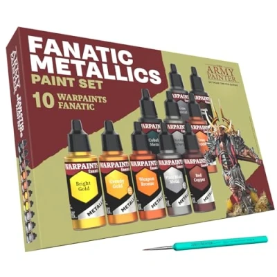 Image of The Army Painter Warpaints Fanatic: Metallics Miniature Paint Set Combo, 10 Acrylic Paints 18ml incl. Gold, Copper, Metal, Bronze, Silver and 1 Basecoating Brush