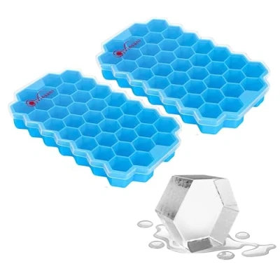 Image of Vinsani 2 Pack Ice Cube Hexagon Tray with Clear Removable Lid Easy Release Silicone Flexible Moulds LFGB Certified and BPA Free Stackable Durable Blue