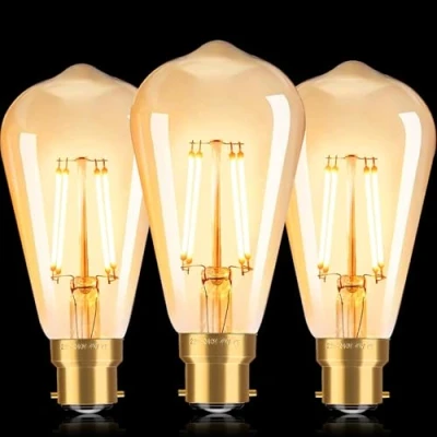 Image of FASUTY Dimmable Bayonet Light Bulbs Edison Bulbs,Vintage LED Filament Bulb B22,ST64 Amber Glass CRI 90+ Decorative Bulbs,No Flicker Retro Antique Bulbs,4W(40W Equivalent) Warm White 2700K 3PACK