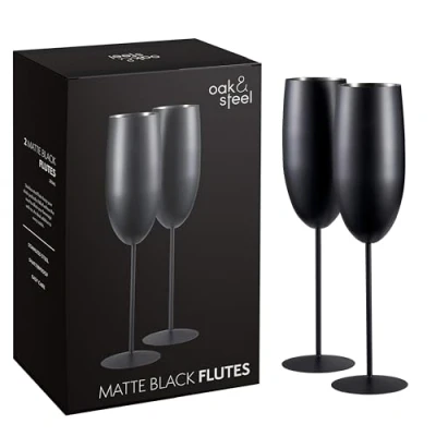 Image of Oak &amp; Steel 2 Black Matte Champagne Flutes, 280ml Stainless Prosecco Glasses with Gift Box