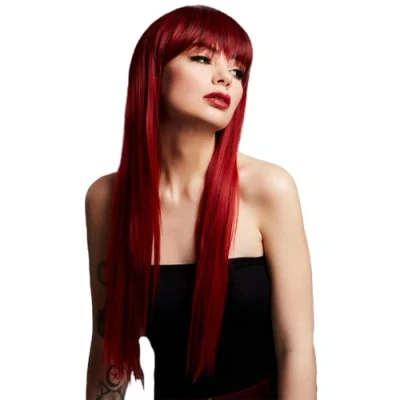 Image of Smiffys Fever Jessica Wig, True Blend, Ruby Red Dark Roots, Long Feathered with Fringe, 66cm/ 26in, Wigs Fancy Dress, Halloween Dress Accessories Up