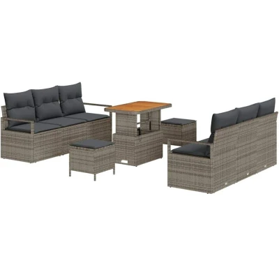 Image of vidaXL 9 Piece Garden Sofa Set with Cushions Grey Poly Rattan Acacia