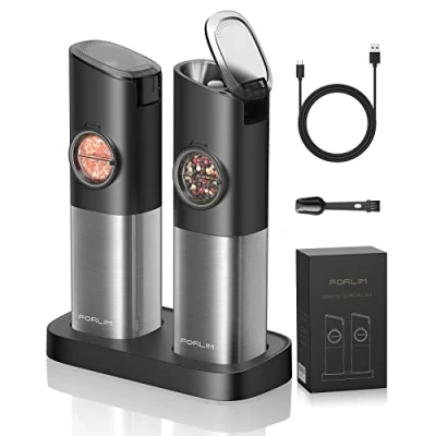 Image of FORLIM Gravity Electric Salt and Pepper Grinder Set, Upgraded Large Capacity, USB Rechargeable Automatic One Hand Operated, Adjustable Coarseness, Auto Dust Lid, LED Light, 2 Pack(Black)