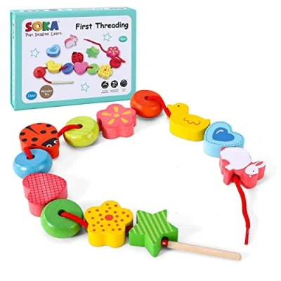Image of SOKA First Threading Wooden Toy Children Kids Lacing Beads Educational Montessori Baby Toddler Color Activity Learning Games for 2 year old and up Girls Boys Gifts