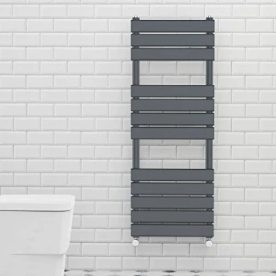 Image of Warmehaus Flat Panel Heated Towel Rail with 68mm Pipe Diameter Anthracite Grey Bathroom Ladder Radiator Warmer 1200 x 450mm