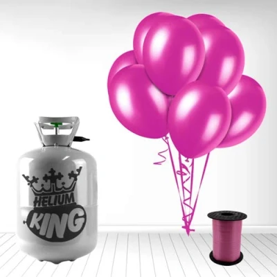 Image of Disposable Helium Gas Cylinder with 30 Balloons and Curling Ribbon included (Fuschia, Single)